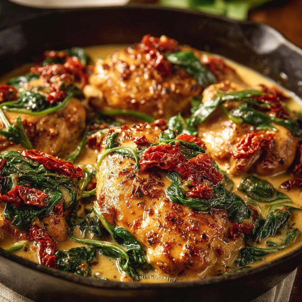Tuscan Chicken 4 Delicious Tuscan Chicken served with spinach and sun-dried tomatoes
