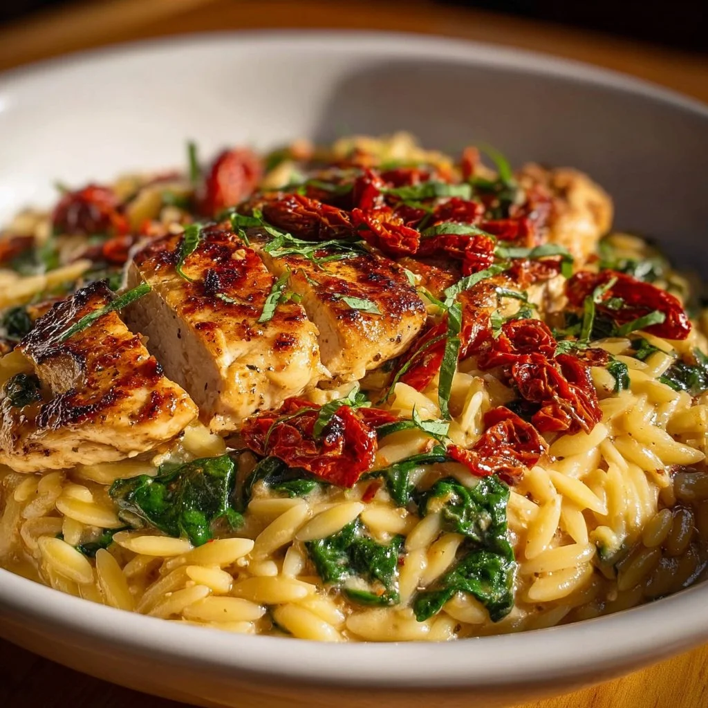 Tuscan Chicken with Parmesan Orzo 4 Delicious Tuscan Chicken served with creamy Parmesan Orzo on a white plate.