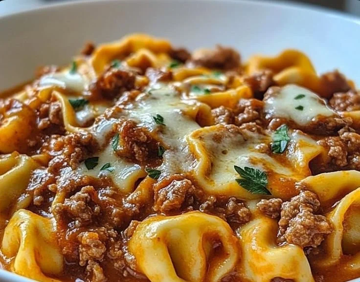 Warm and Cheesy One Pan Beefy Tortellini Bake