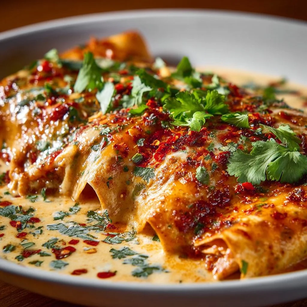 Plate of warm and delicious high protein chicken enchiladas garnished with herbs.