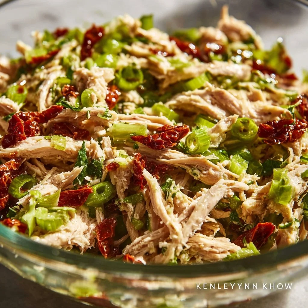 Zesty Sun-Dried Tomato Chicken Salad served in a bowl with vibrant ingredients
