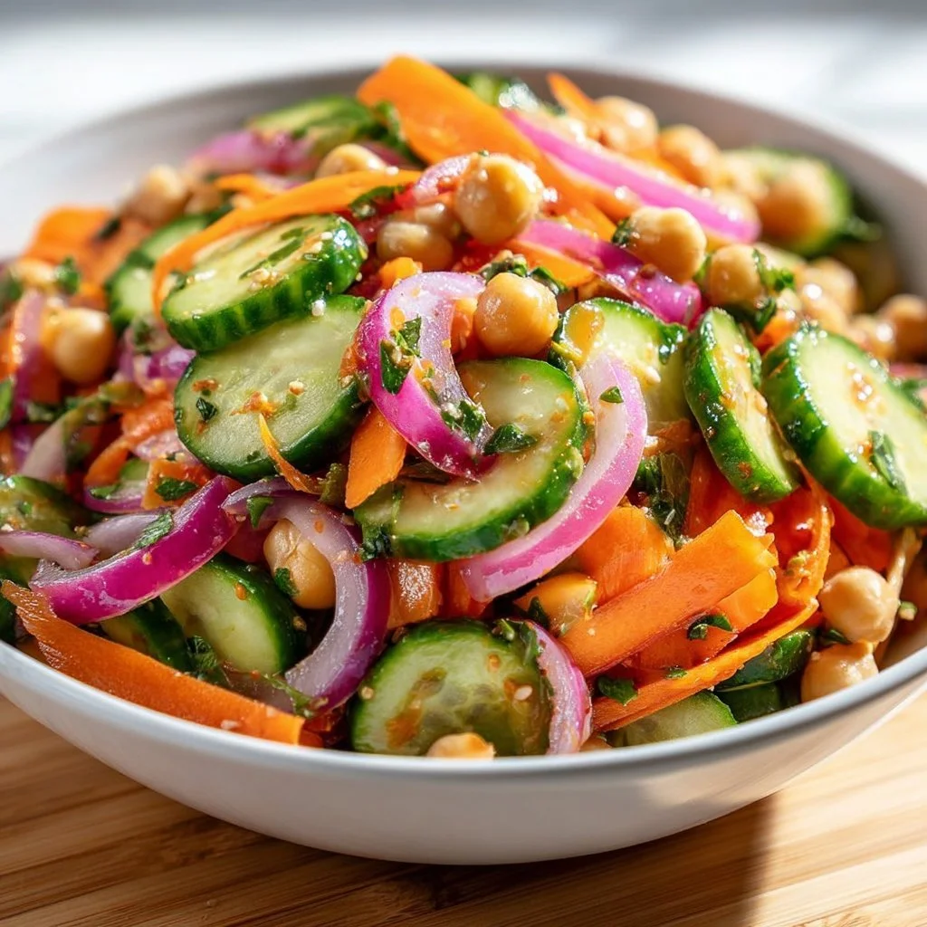 Asian cucumber and chickpea slaw with sesame dressing in a bowl