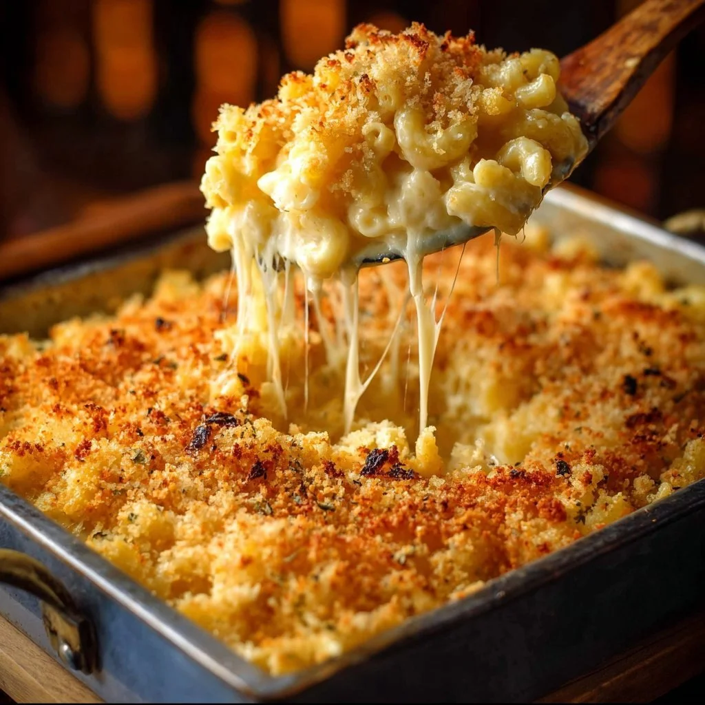 Baked Mac and Cheese 4 Baked Mac and Cheese topped with crispy breadcrumbs and melted cheese.
