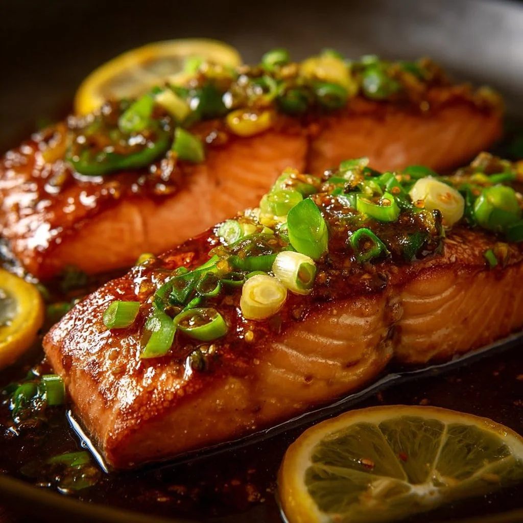 Baked teriyaki salmon fillet garnished with sesame seeds and green onions