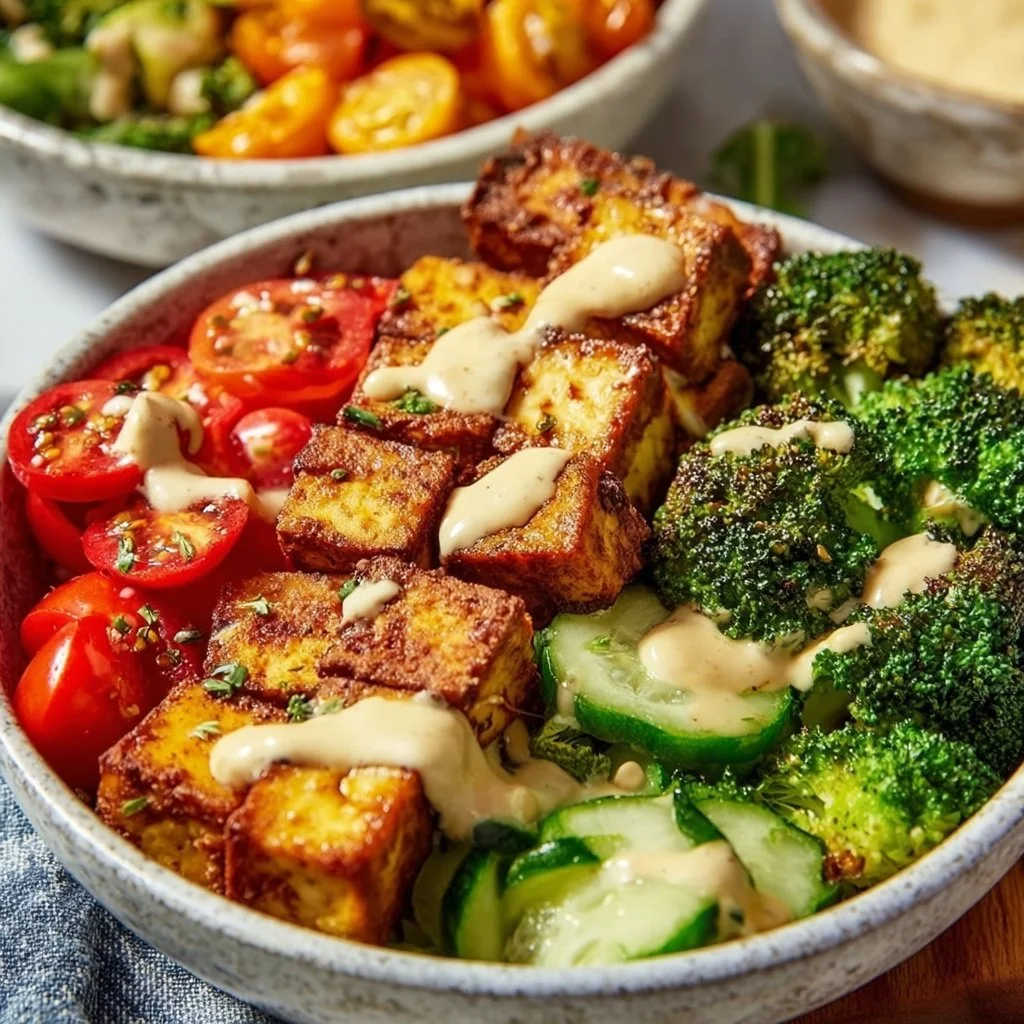 Baked tofu and veggie bowl with colorful vegetables served in a dish