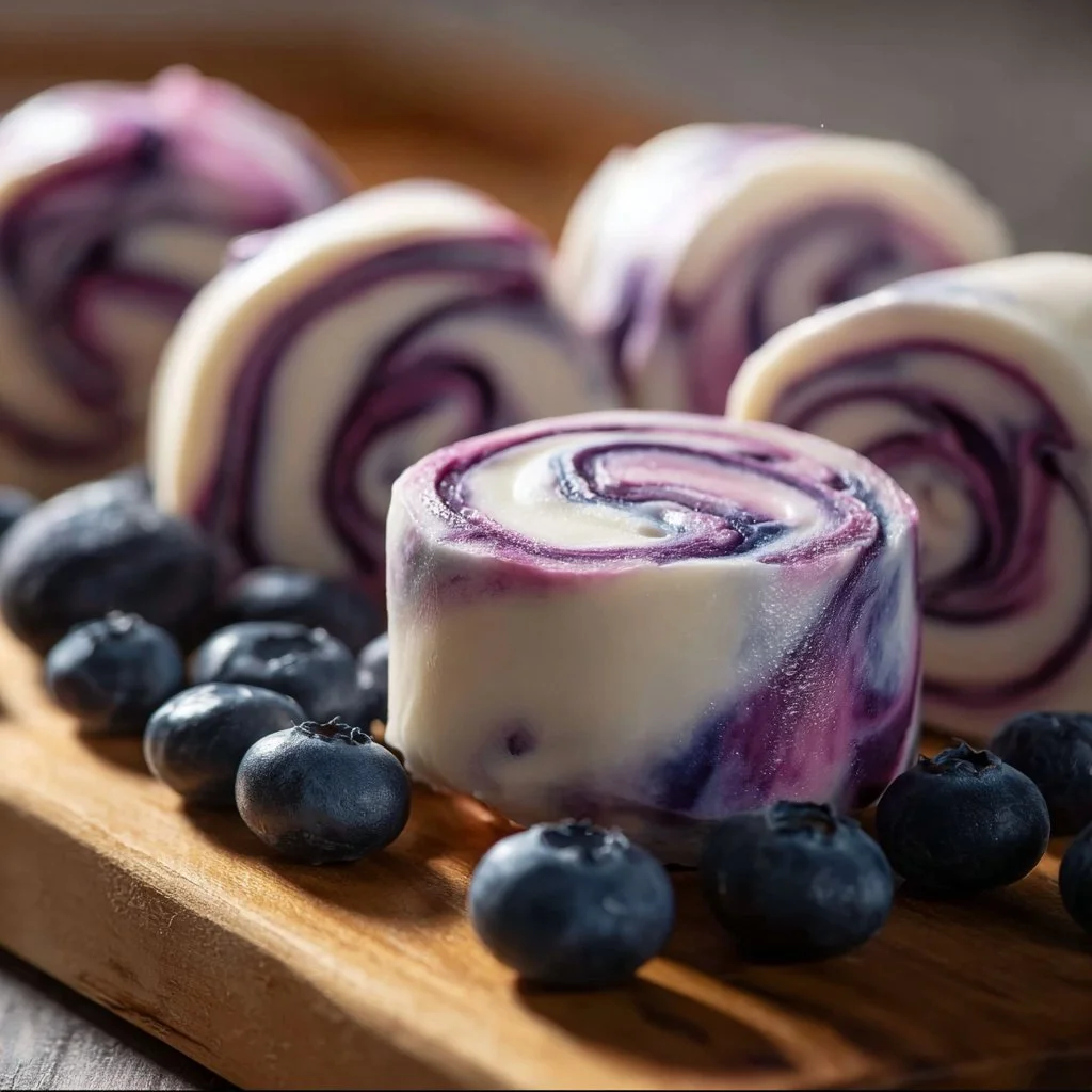 Delicious blueberry Greek yogurt bites on a wooden board