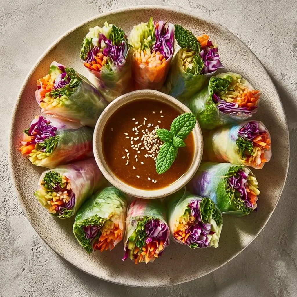 Bright and crunchy rainbow veggie rice paper rolls filled with fresh vegetables.