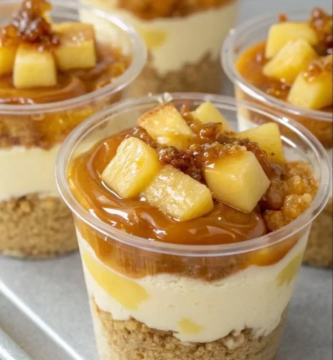 Delicious caramel apple dessert cups topped with whipped cream and caramel drizzle.