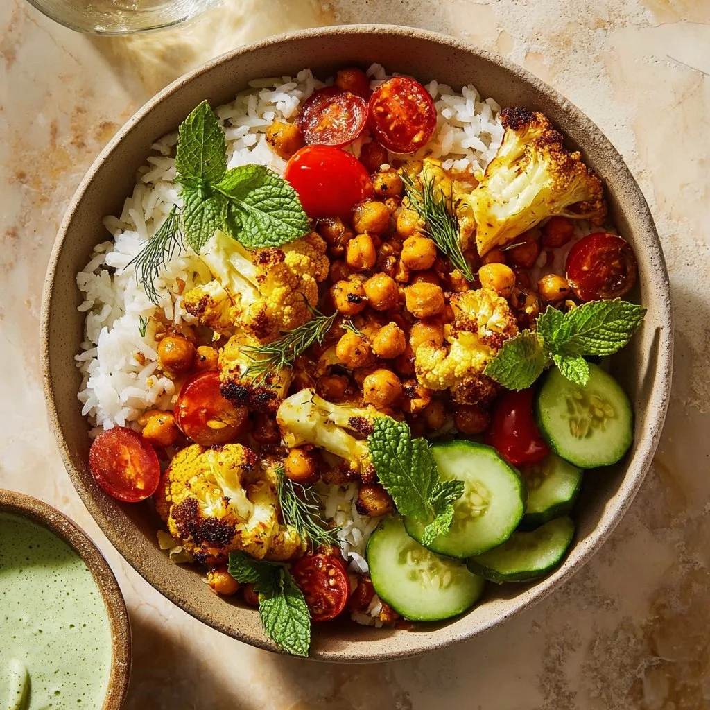 Cauliflower Shawarma Bowls 4 Delicious Cauliflower Shawarma Bowl with fresh vegetables and flavorful sauces