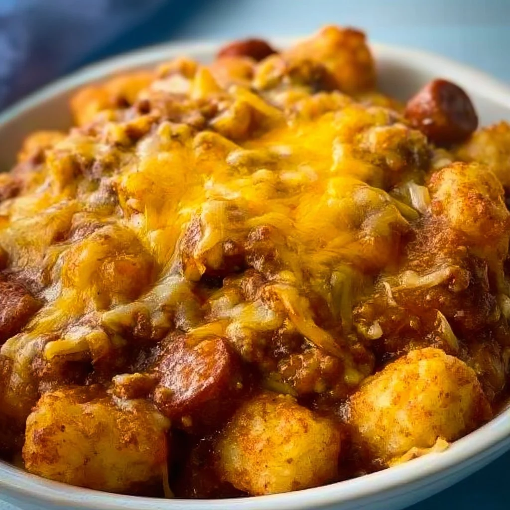 Cheesy Hot Dog Tater Tot Casserole topped with melted cheese and crispy tots
