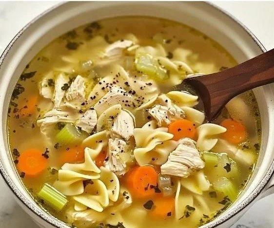 Bowl of homemade Chicken Noodle Soup with fresh vegetables and noodles