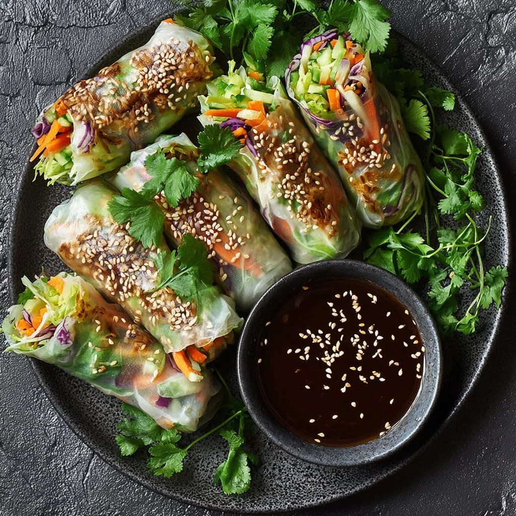 Crispy Chicken Spring Rolls served with dipping sauce