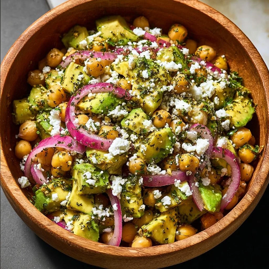 Chickpea feta avocado salad in a bowl, garnished with fresh herbs.