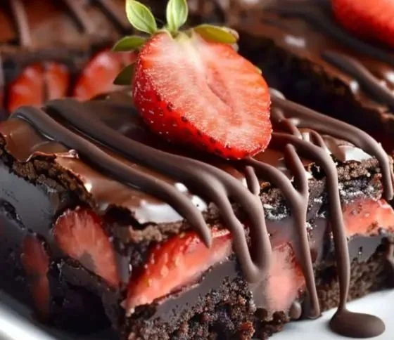 Delicious chocolate covered strawberry brownies on a white plate