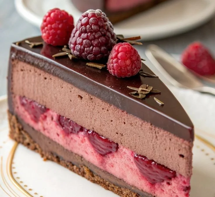 Chocolate Raspberry Mousse Cake 4 Decadent Chocolate Raspberry Mousse Cake topped with fresh raspberries.