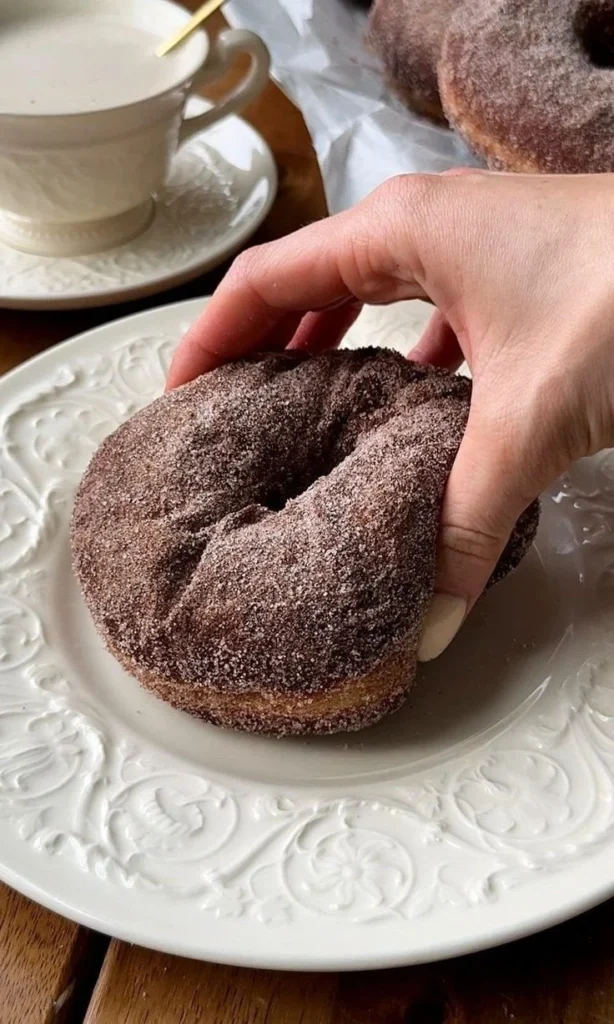 Freshly baked classic cinnamon sugar donuts on a plate