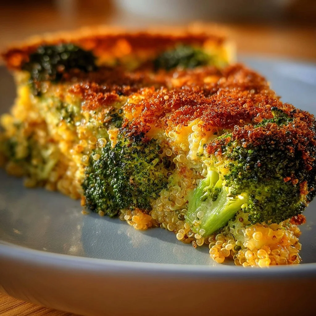 Creamy Broccoli and Quinoa Bake 3 Creamy broccoli and quinoa bake in a casserole dish, garnished with herbs.