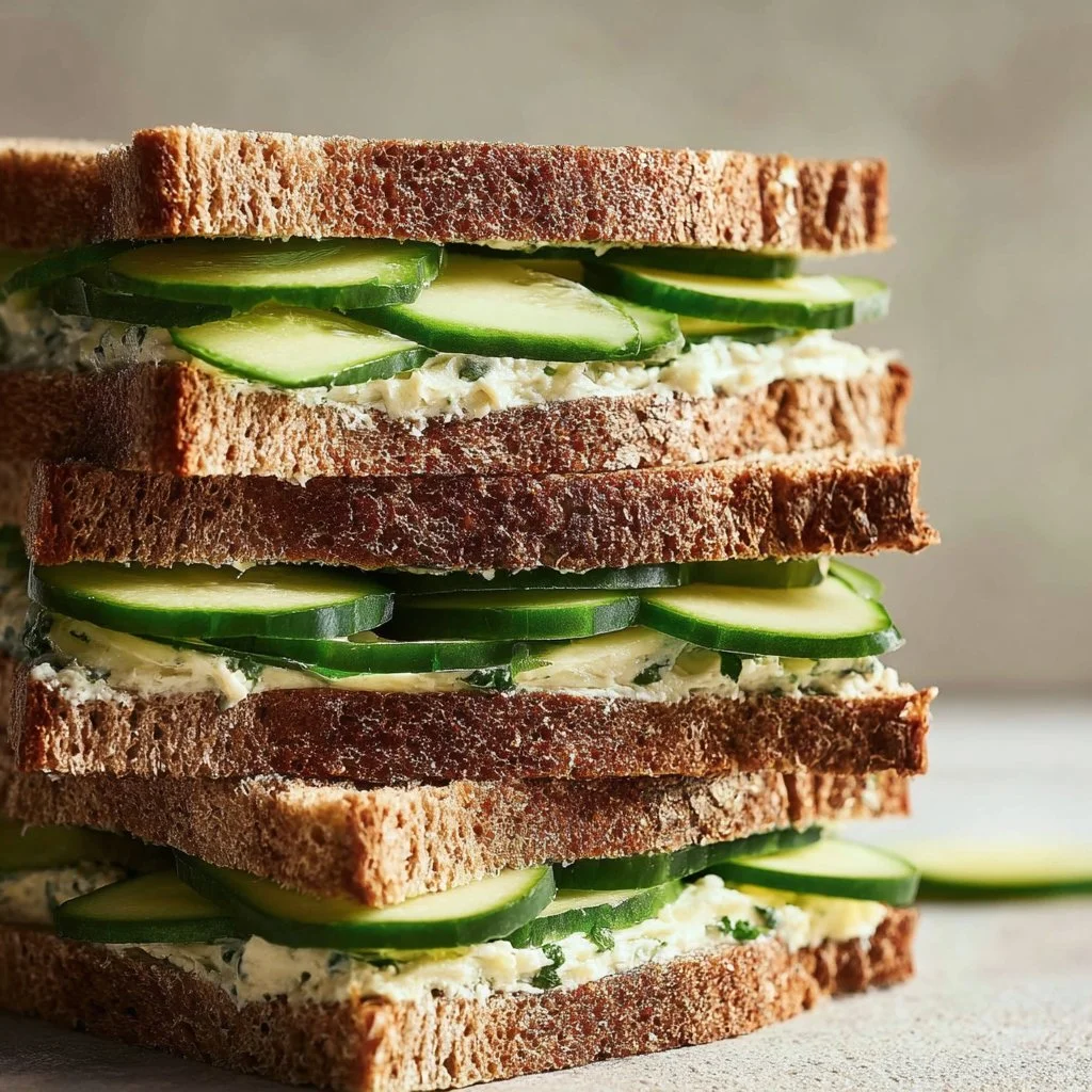 Creamy crunchy cucumber sandwich with fresh ingredients on a plate
