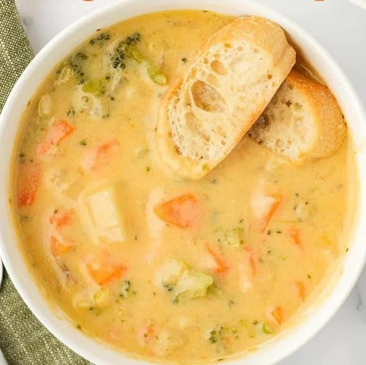Bowl of creamy vegetable soup with colorful vegetables and herbs