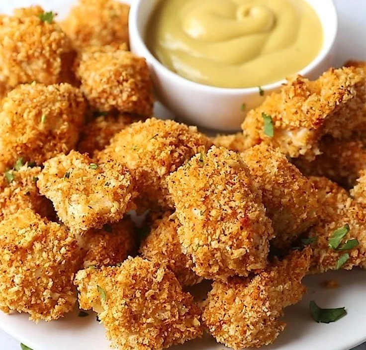 Crispy Baked Chicken Nuggets 4 Crispy baked chicken nuggets served with dipping sauce on a plate