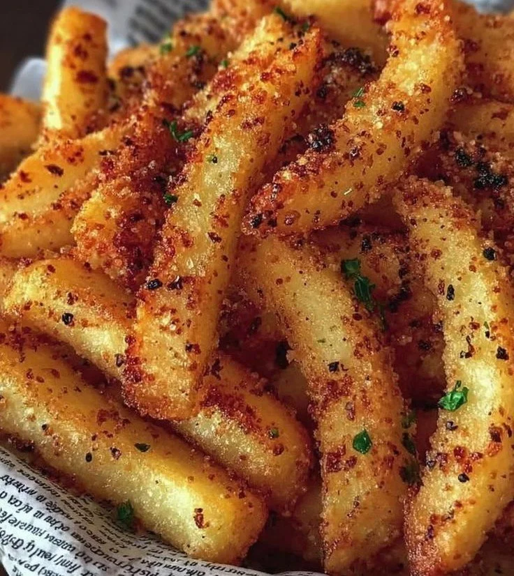 Crispy garlic parmesan fries served in a bowl, garnished with herbs