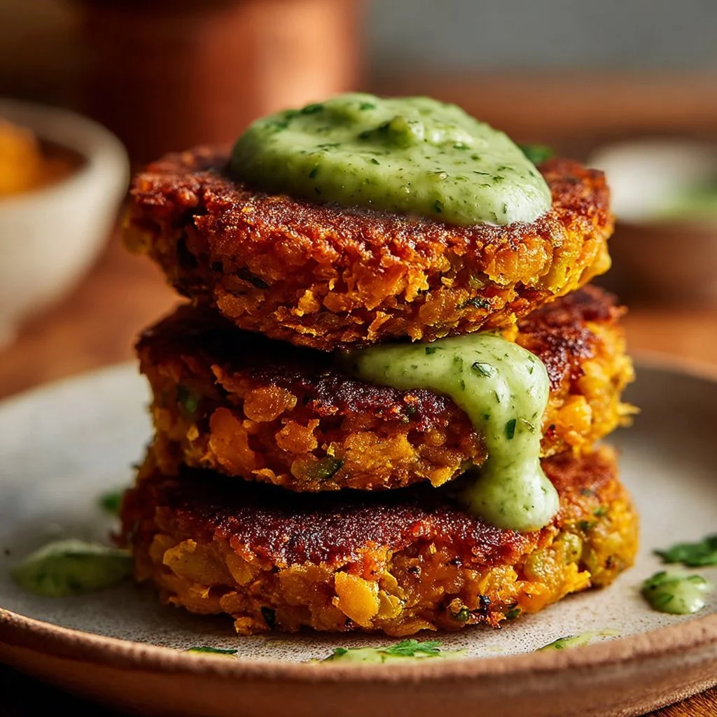 Crispy sweet potato and red lentil patties on a plate, garnished and ready to eat.