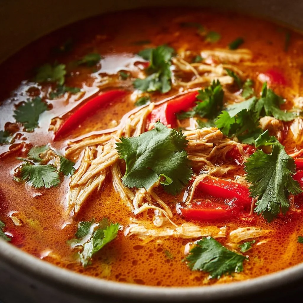 Bowl of Crockpot Thai Coconut Chicken Soup with fresh herbs and lime