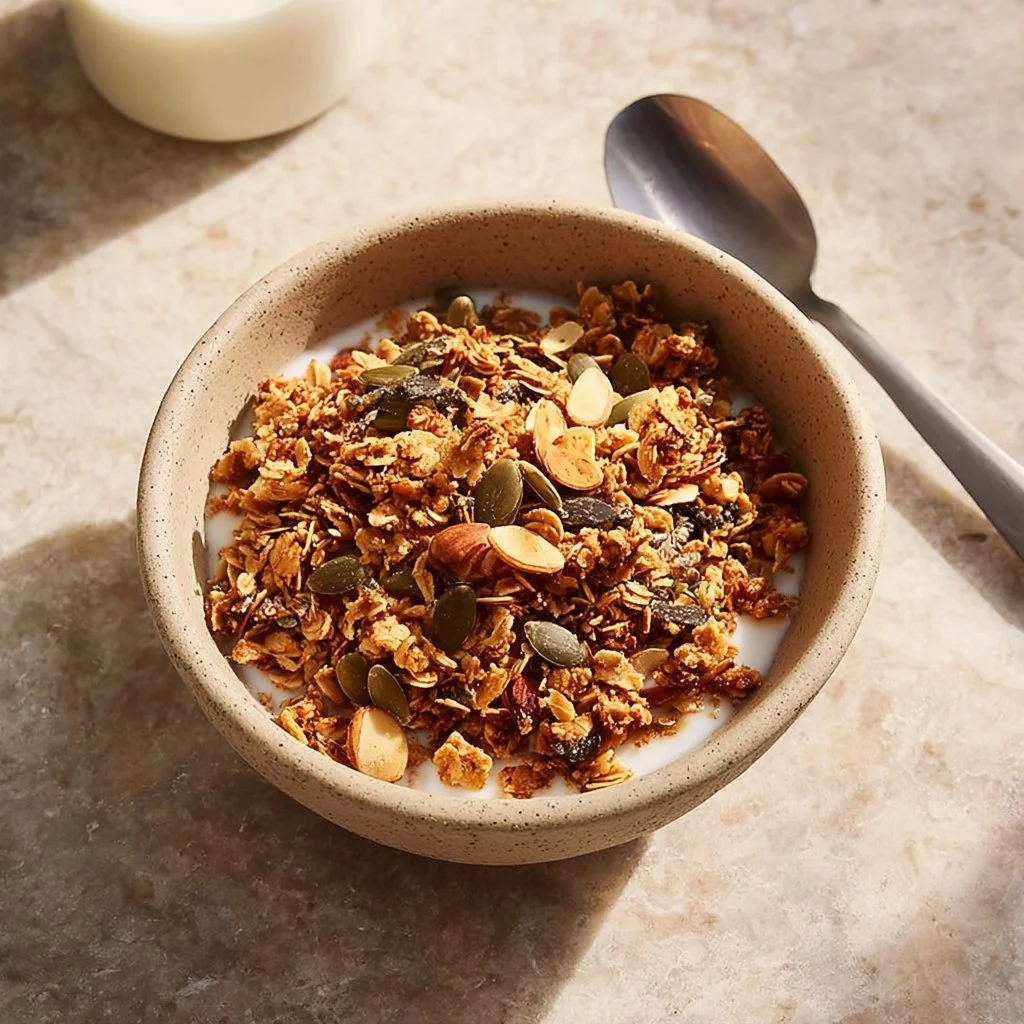 Bowl of crunchy, delicious hemp granola topped with fresh fruits and nuts.