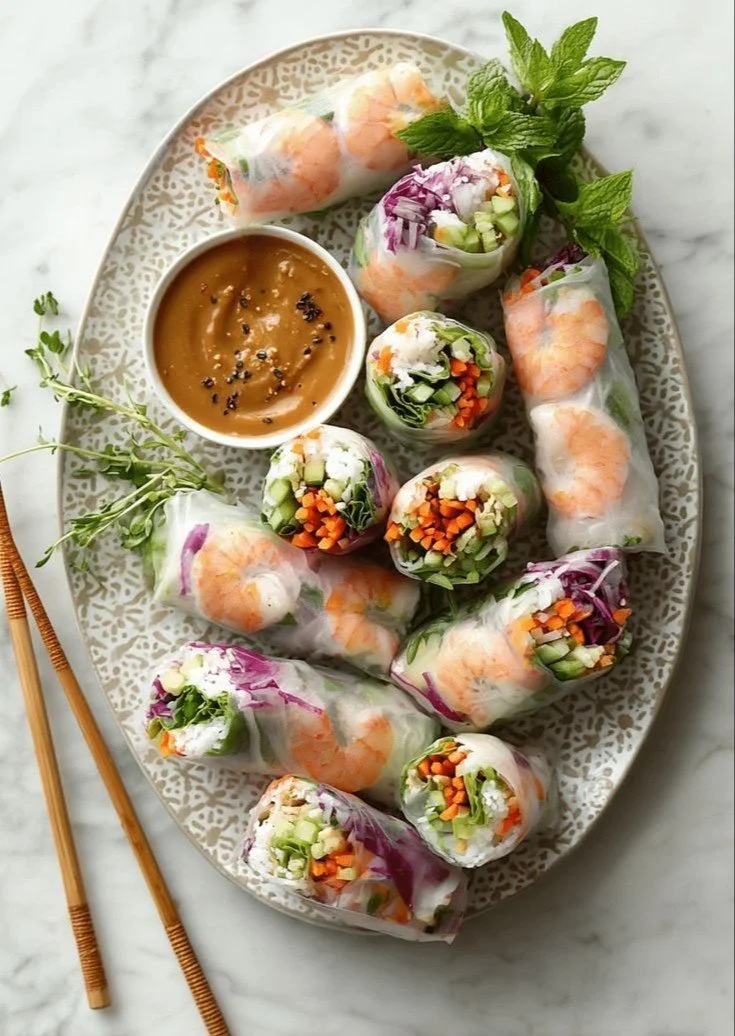 Plate of delicious shrimp spring rolls garnished with fresh herbs