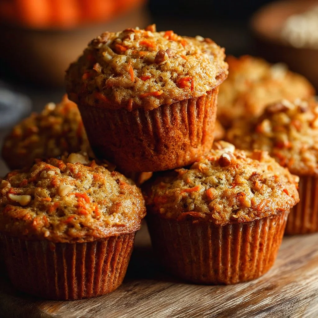 Easy One-Bowl Carrot Oatmeal Muffins 4 Healthy carrot oatmeal muffins in a rustic setting