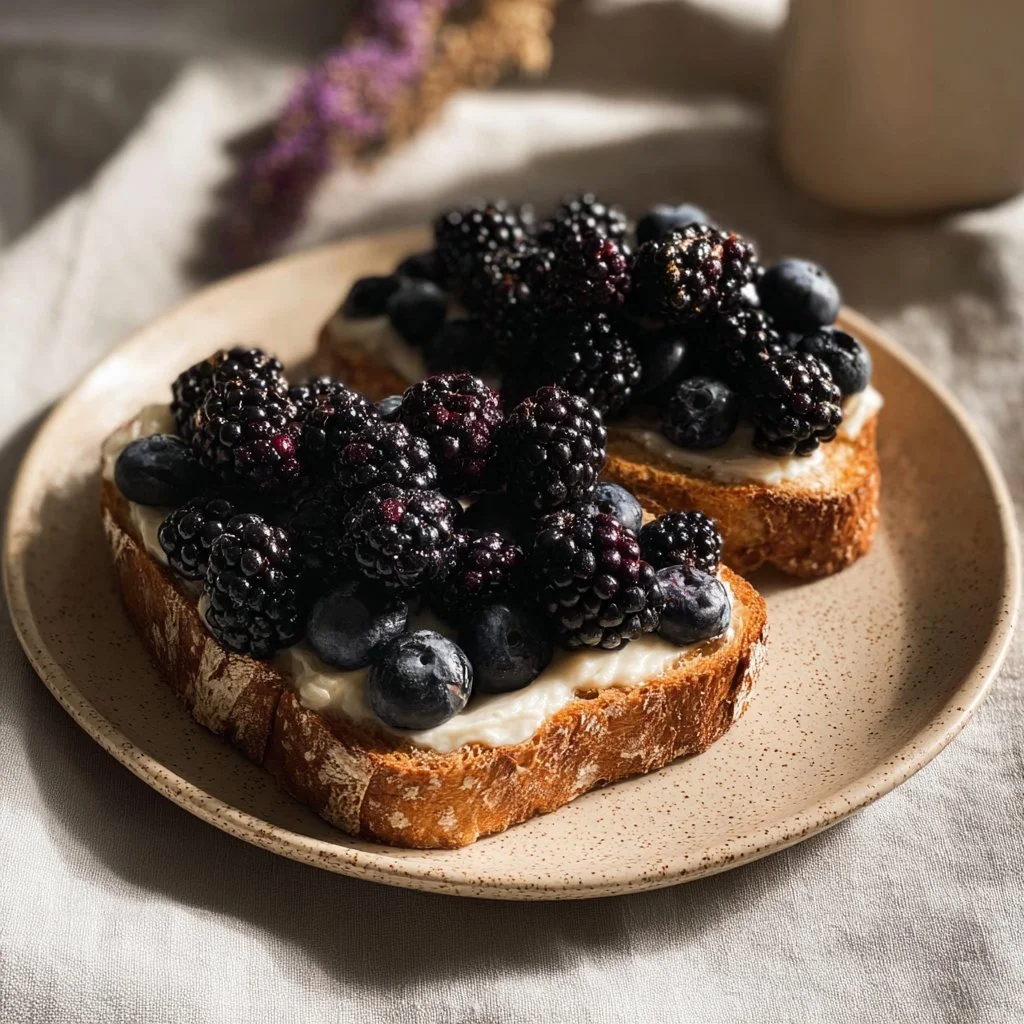 Golden-brown French toast topped with syrup and berries on a plate