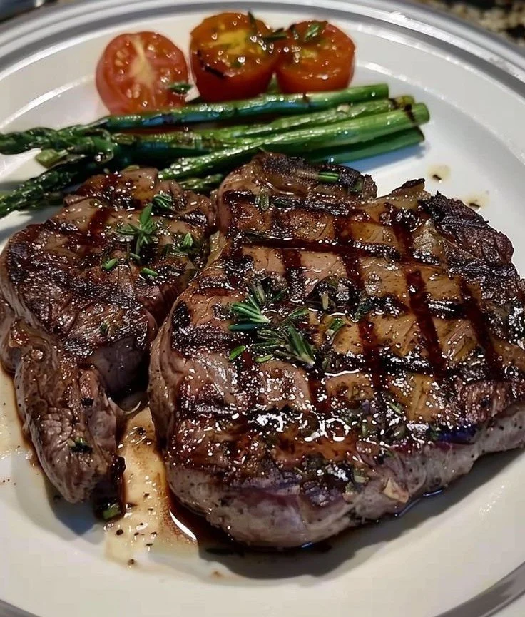 Garlic butter herb grilled ribeye steak garnished with herbs