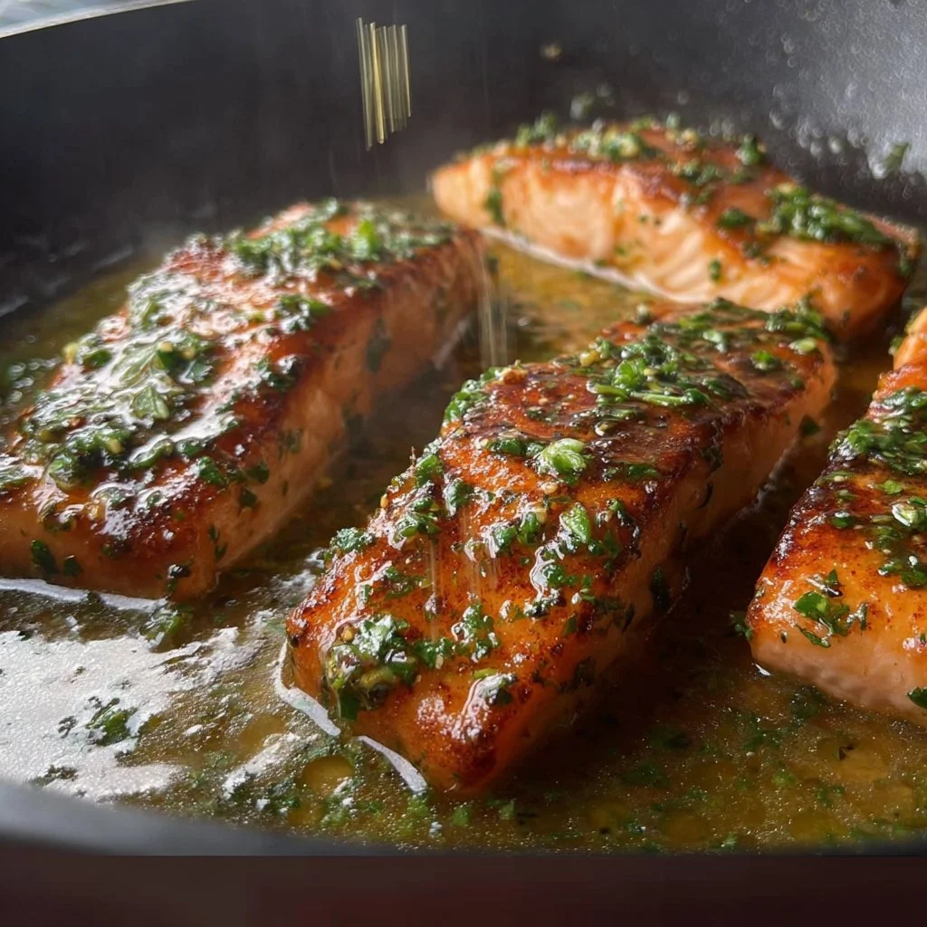 Delicious garlic butter salmon served with lemon and herbs on a plate