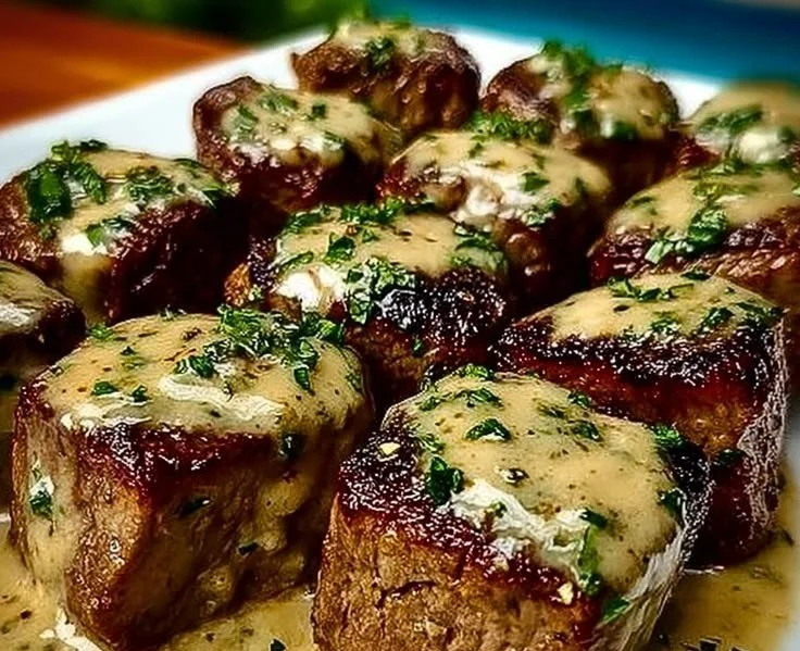 Delicious garlic butter steak bites served on a plate