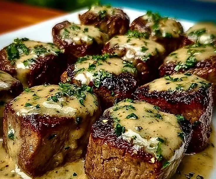 Delicious Garlic Butter Steak Bites served with creamy Parmesan sauce