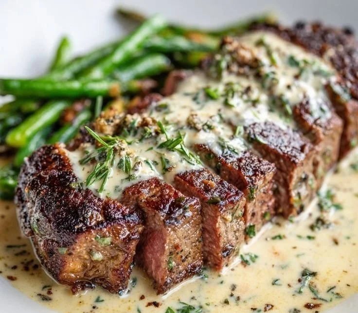 Delicious Garlic Butter Steak topped with Parmesan Cream Sauce on a plate.
