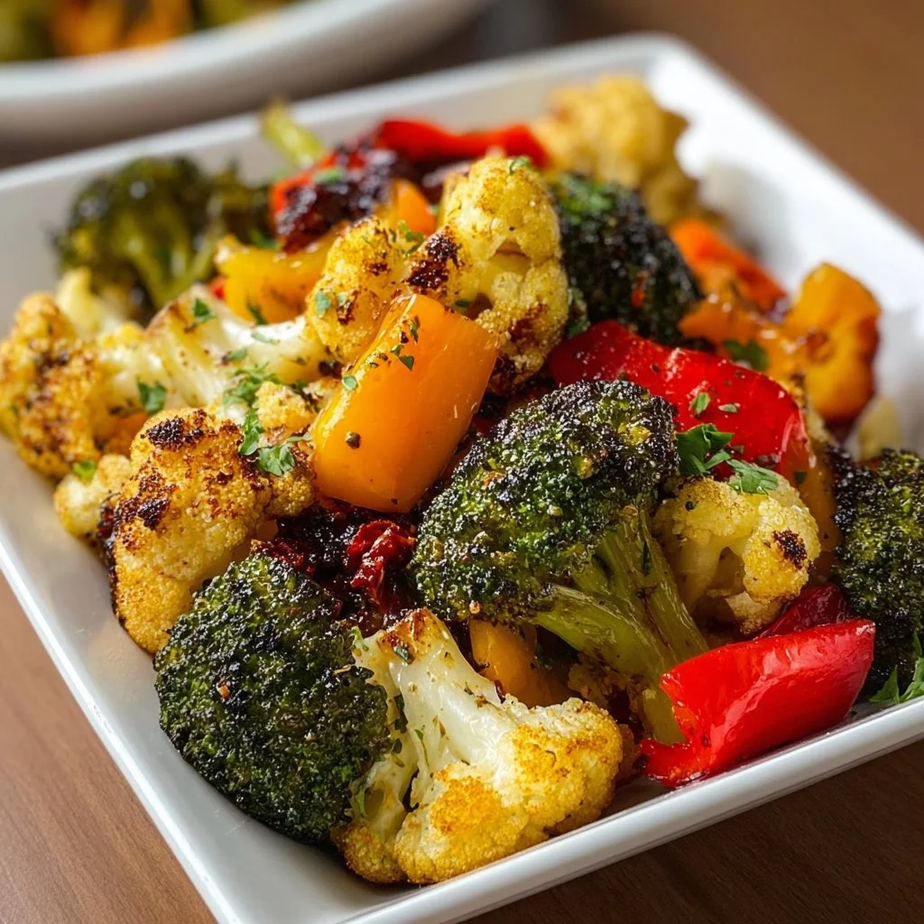 Bowl of garlic roasted vegetables with colorful veggies roasted to perfection
