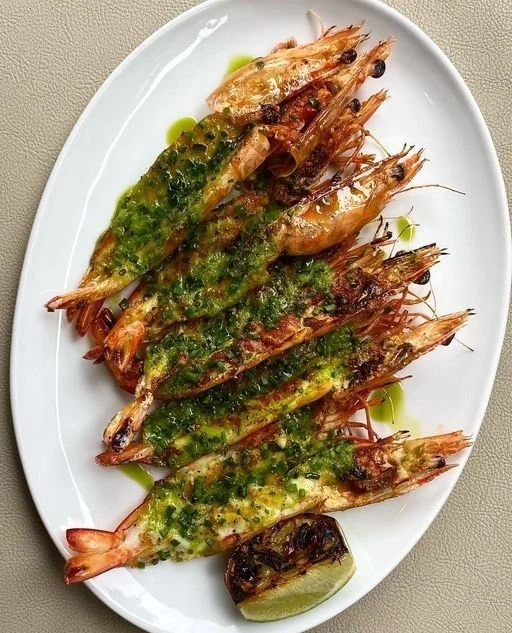 Grilled King Prawns with Green Onion, Ginger & White Soy Butter