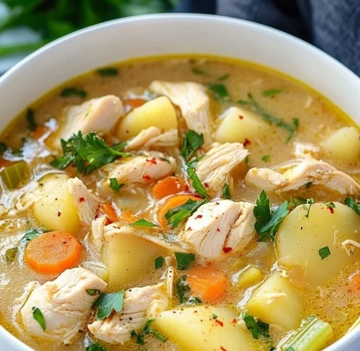 Hearty Chicken Soup with Potatoes 4 Hearty chicken soup with potatoes in a bowl, garnished with herbs.