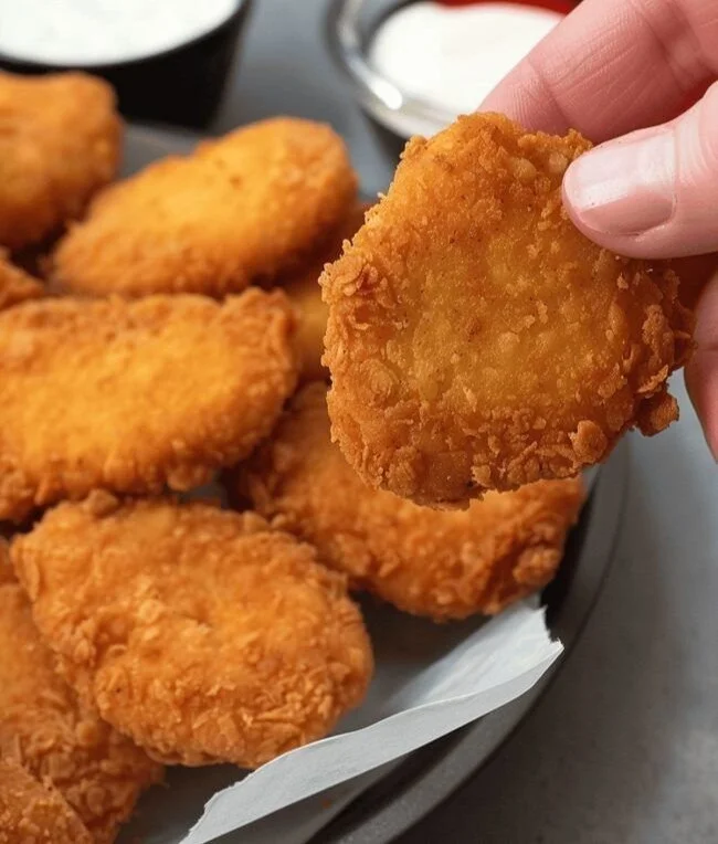 Plate of crispy homemade chicken nuggets served with dipping sauce