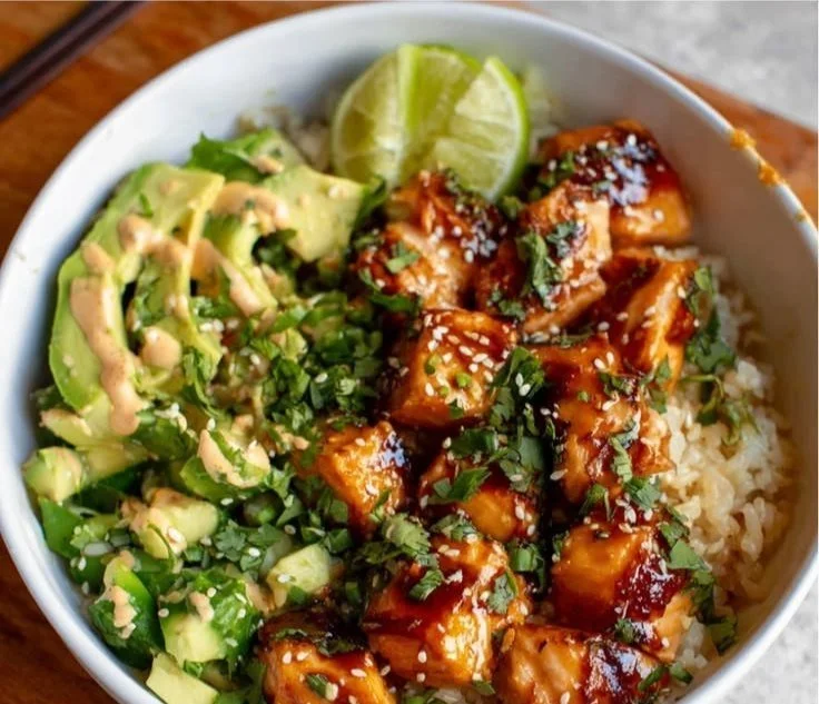 Honey Glazed Salmon Rice Bowls 4 Honey Glazed Salmon Rice Bowls with fresh vegetables and rice