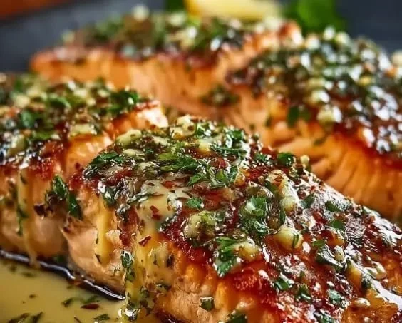 Honey-Lime Garlic Butter Baked Salmon on a plate with fresh herbs