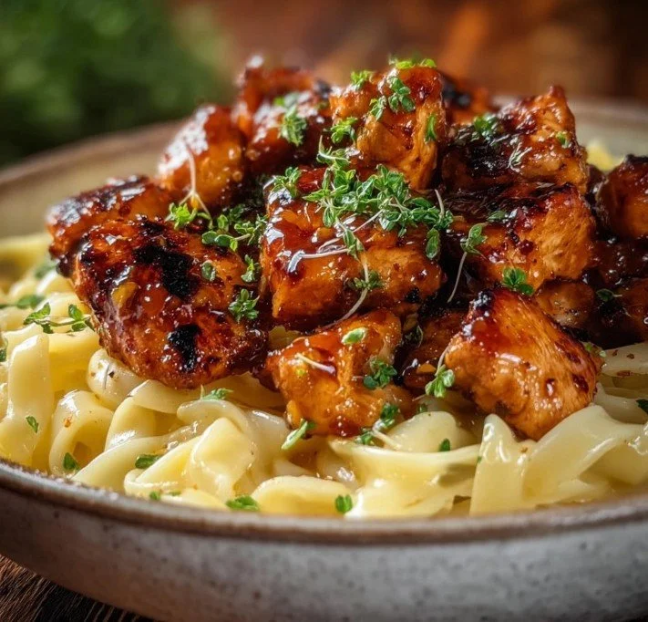 Honey Pepper Chicken dish garnished with peppers and herbs