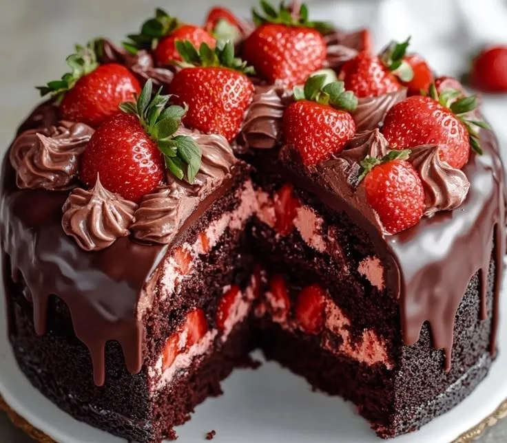 Indulgent Strawberry Chocolate Shell Cake