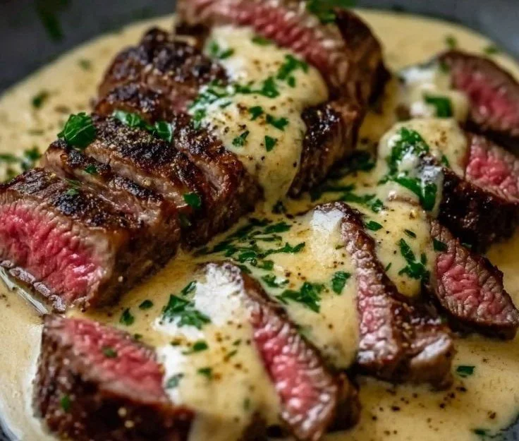 Juicy steak topped with creamy garlic sauce on a plate