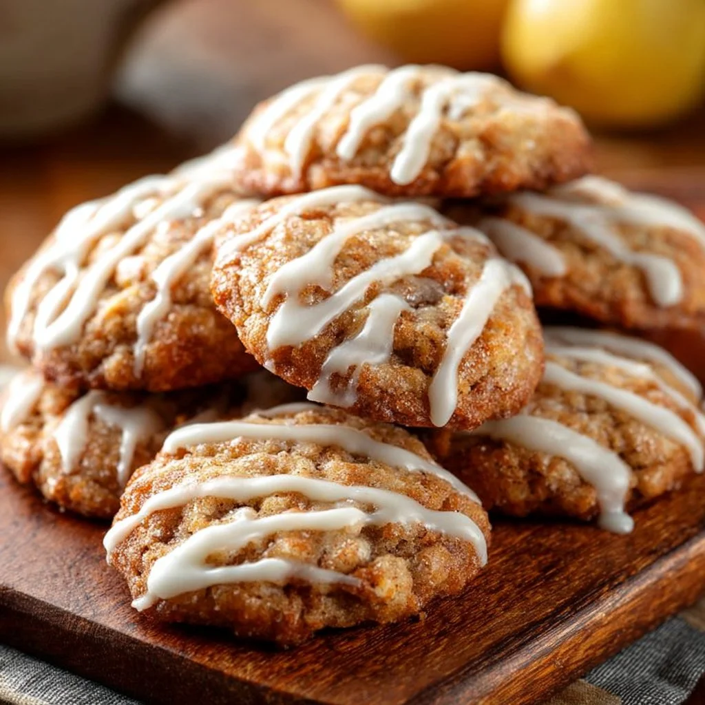 Keto apple fritter cookies topped with a sweet glaze on a plate.