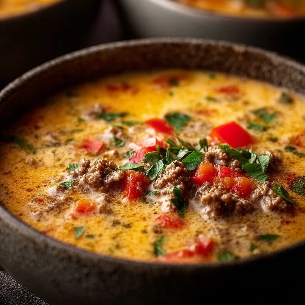 Bowl of creamy Keto Cheeseburger Soup with toppings, low-carb comfort food