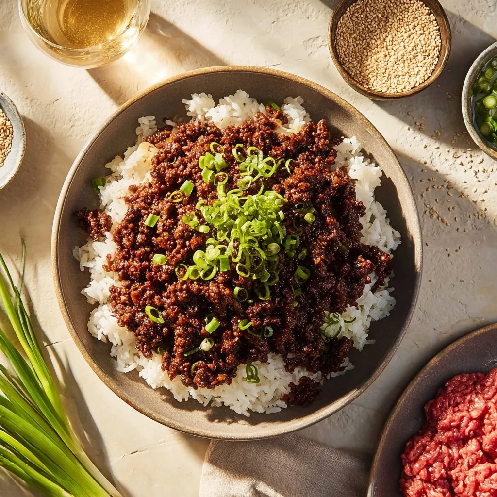 Korean Beef Bowl 4 Delicious Korean Beef Bowl with tender beef, rice, and fresh vegetables