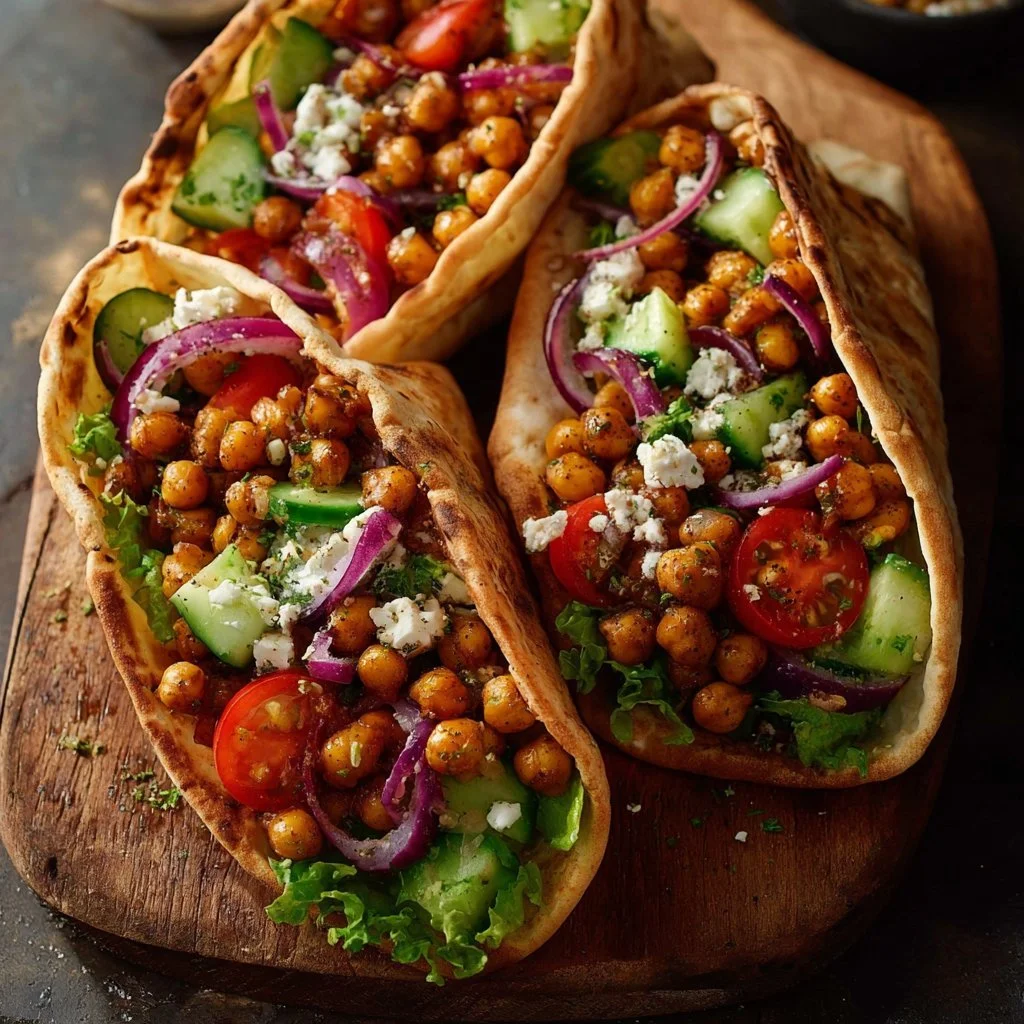 Mediterranean Chickpea Pita Tacos garnished with fresh vegetables and herbs