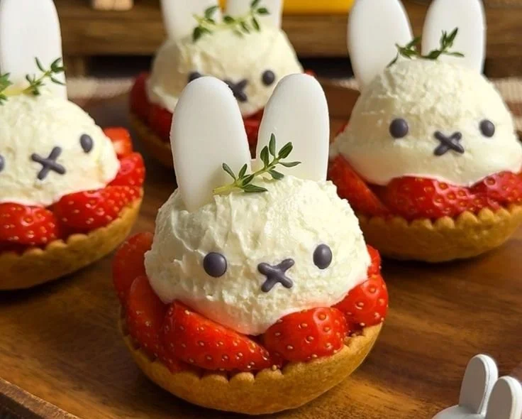 Miffy Strawberry Cheesecake Tartlets 4 Miffy Strawberry Cheesecake Tartlets beautifully arranged on a dessert platter.